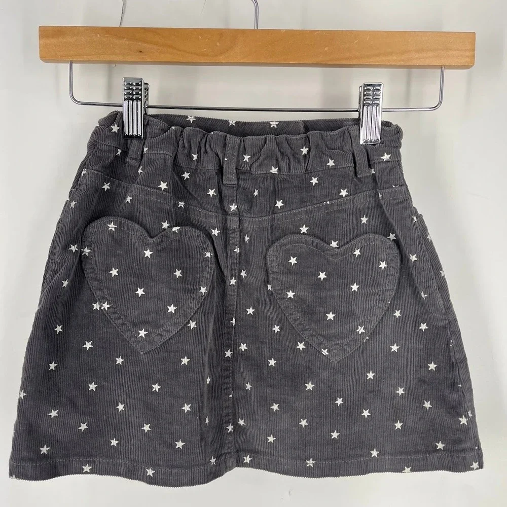 Mini Boden Girls Gray Corduroy Star Print Skirt Heart Pockets Size 7-8Y 32504